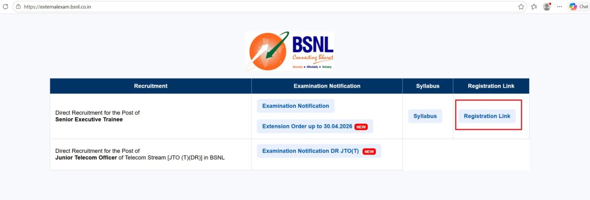 BSNL JTO recruitment 2026 registration